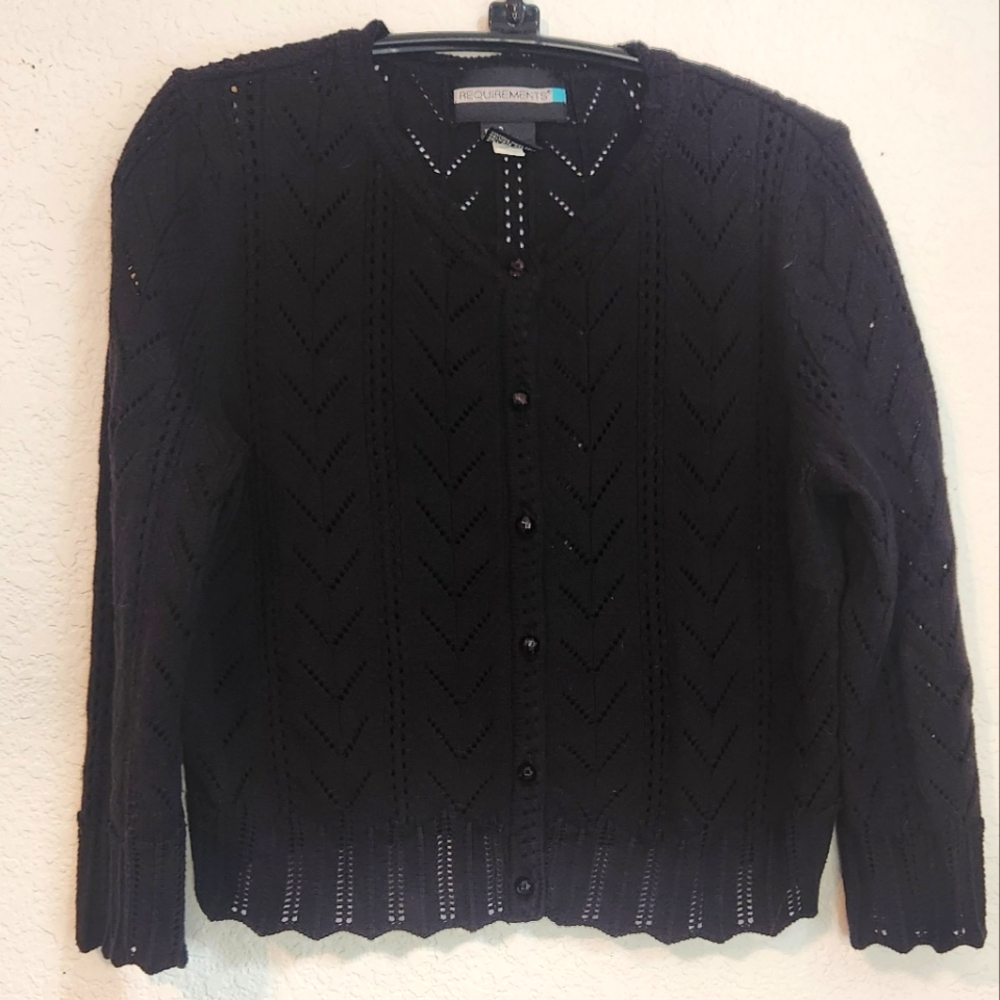 Requirements Black Cardigan with 3/4 Length Sleeves‎ and Scalloped Hem, Size S